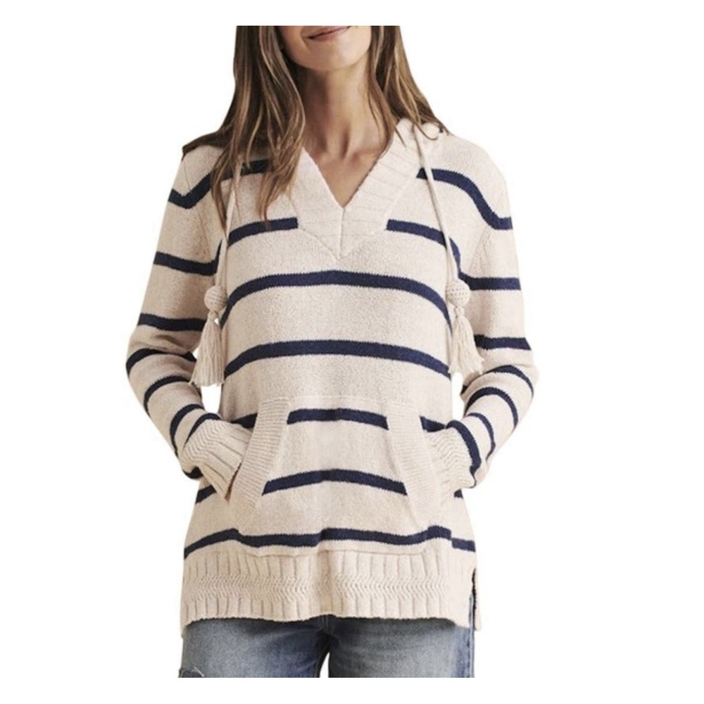 Faherty Women's Size Medium Kent Sweater Hoodie Ross Stripe Ivory Navy Cotton